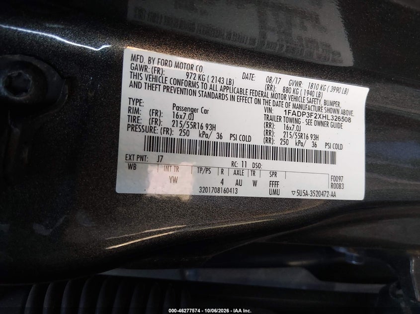FORD FOCUS 2017 VIN 1FADP3F2XHL326508
