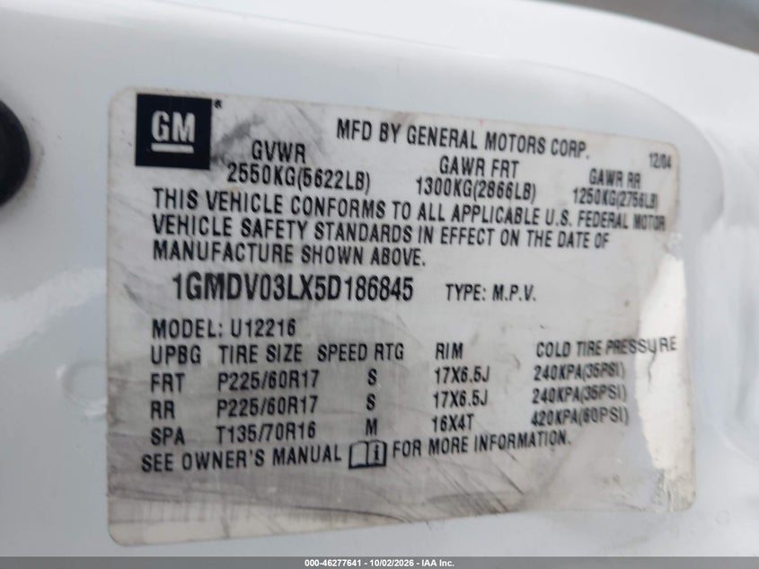 PONTIAC MONTANA SV6 2005 VIN 1GMDV03LX5D186845