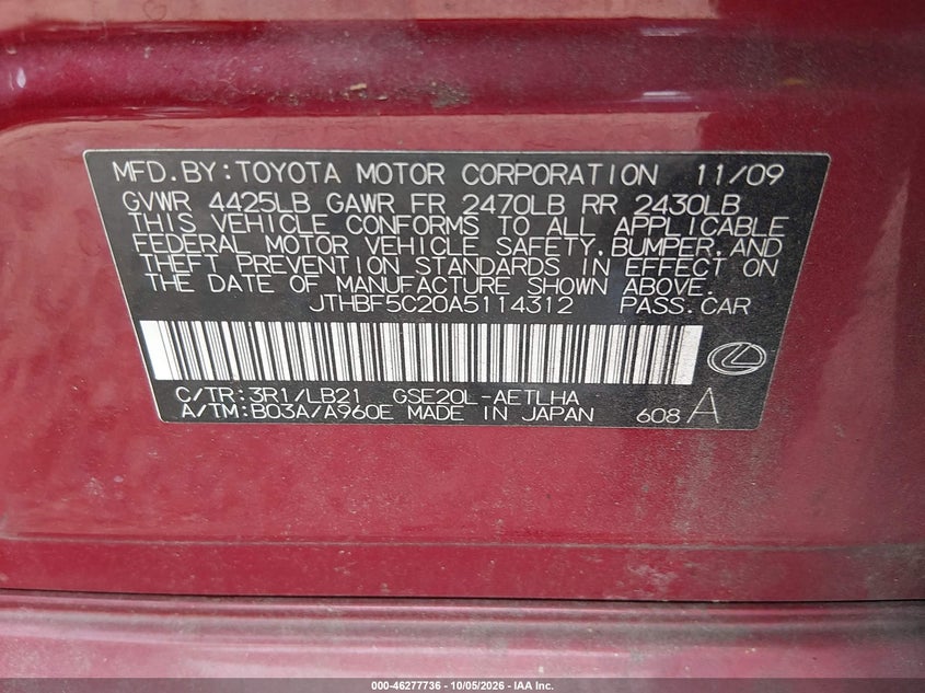 LEXUS IS 250 2010 VIN JTHBF5C20A5114312