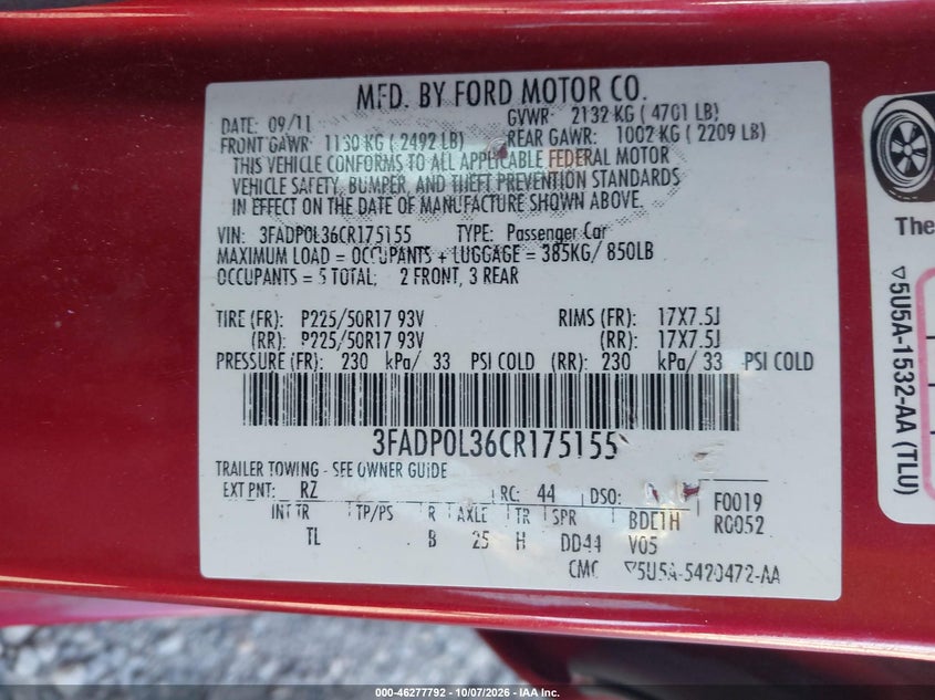 FORD FUSION HYBRID 2012 VIN 3FADP0L36CR175155