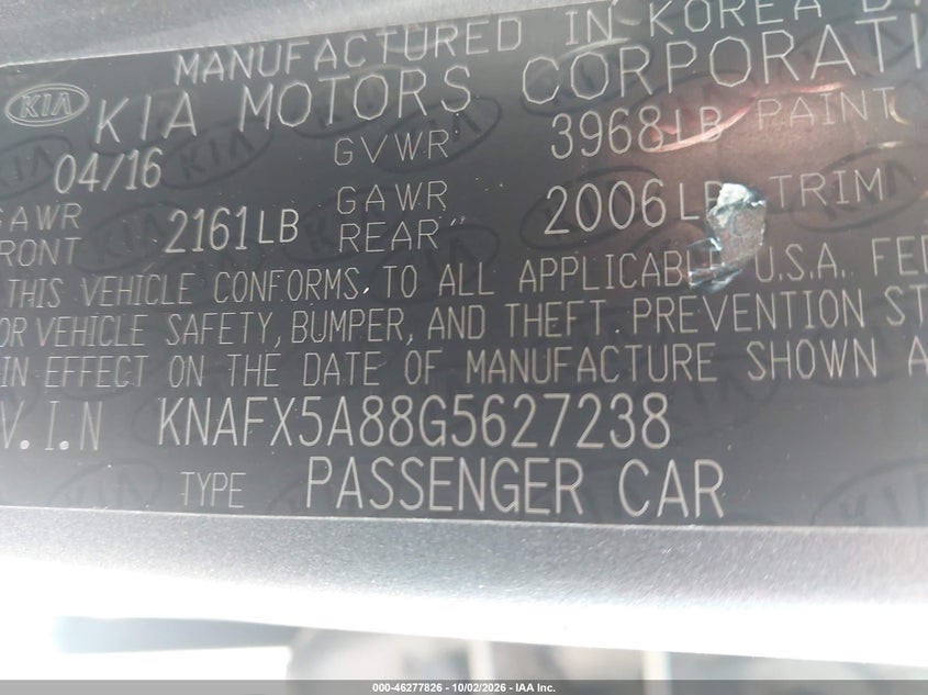 KIA FORTE 2016 VIN KNAFX5A88G5627238
