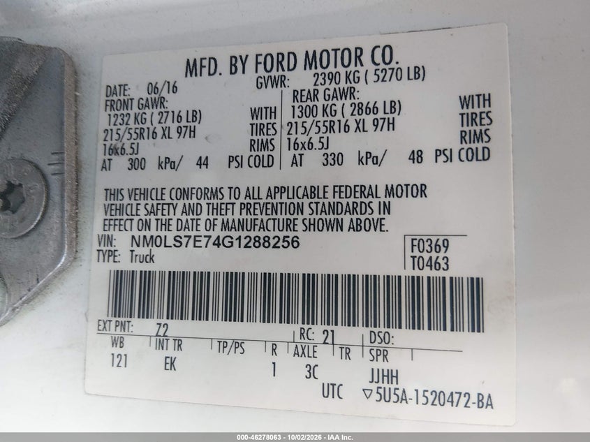 FORD TRANSIT CONNECT 2016 VIN NM0LS7E74G1288256
