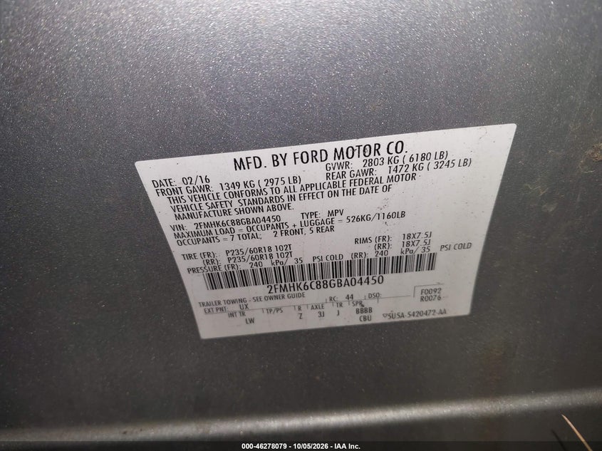 FORD FLEX 2016 VIN 2FMHK6C88GBA04450
