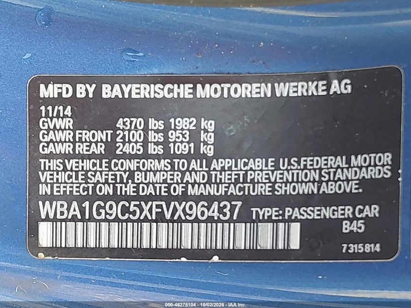 BMW 228I 2015 VIN WBA1G9C5XFVX96437