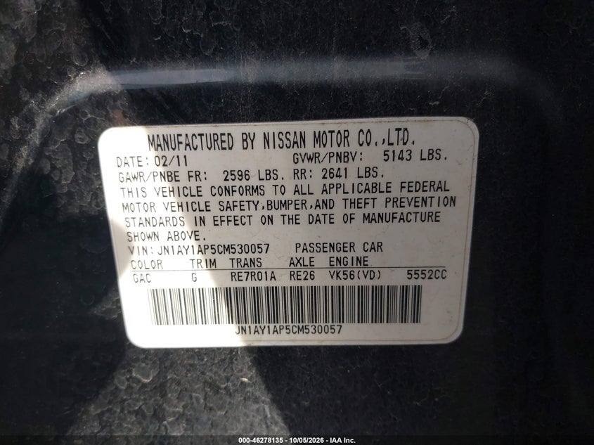 INFINITI M56 2012 VIN JN1AY1AP5CM530057