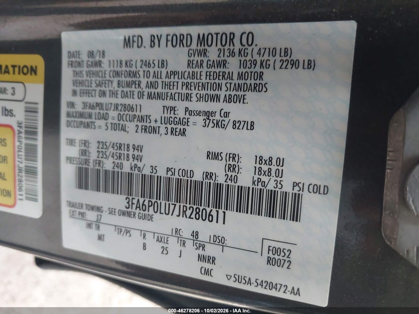 FORD FUSION HYBRID 2018 VIN 3FA6P0LU7JR280611