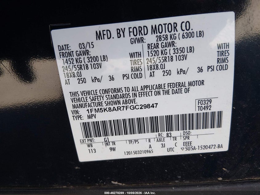 FORD UTILITY POLICE INTERCEPTOR 2015 VIN 1FM5K8AR7FGC29847