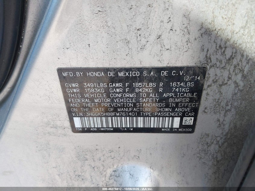 HONDA FIT 2015 VIN 3HGGK5H88FM761401