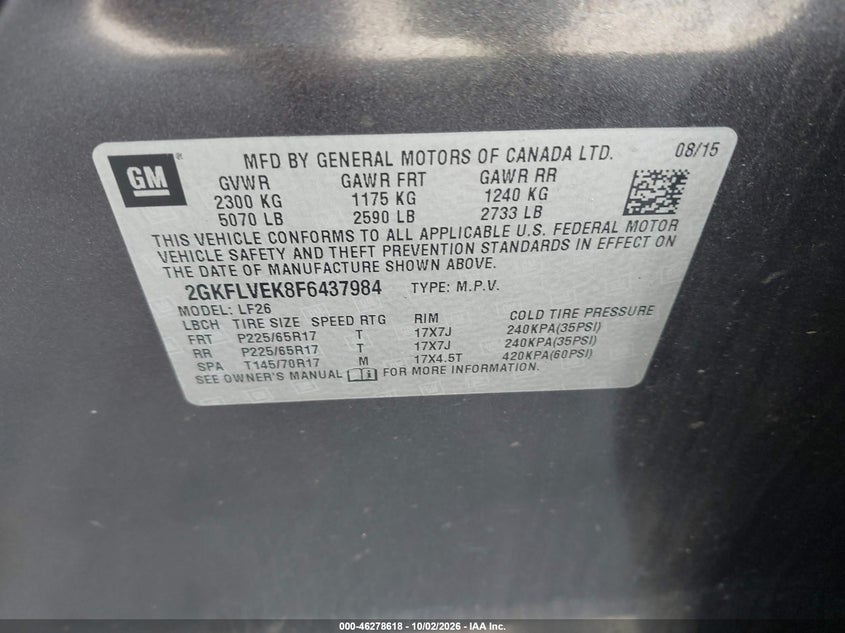 GMC TERRAIN 2015 VIN 2GKFLVEK8F6437984