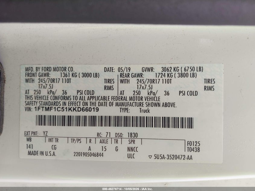 FORD F-150 2019 VIN 1FTMF1C51KKD66019