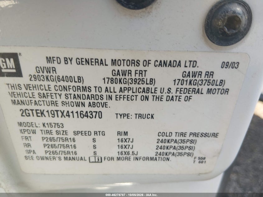 GMC SIERRA 1500 2004 VIN 2GTEK19TX41164370