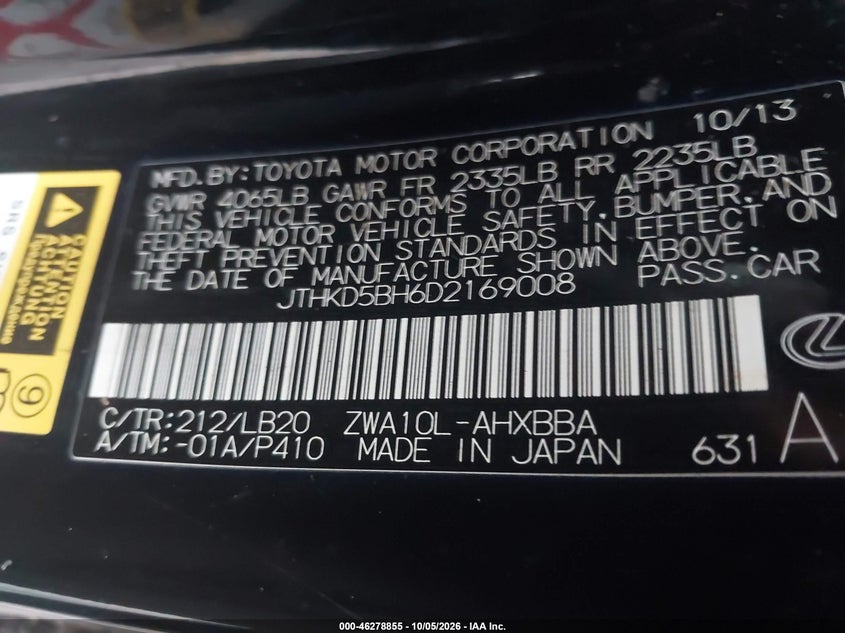 LEXUS CT 200H 2013 VIN JTHKD5BH6D2169008