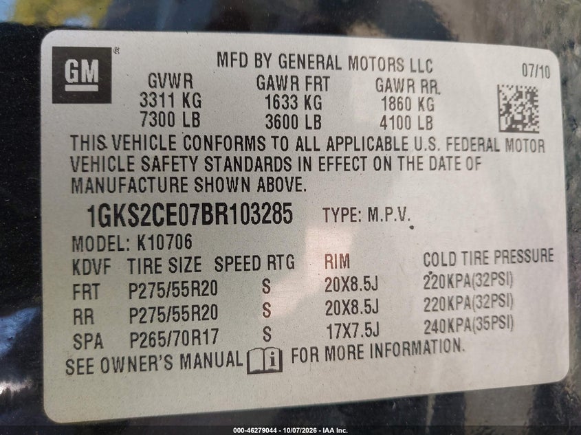 GMC YUKON 2011 VIN 1GKS2CE07BR103285