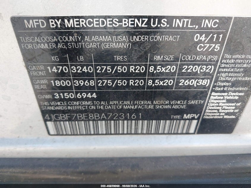 MERCEDES-BENZ GL 450 2011 VIN 4JGBF7BE8BA723161