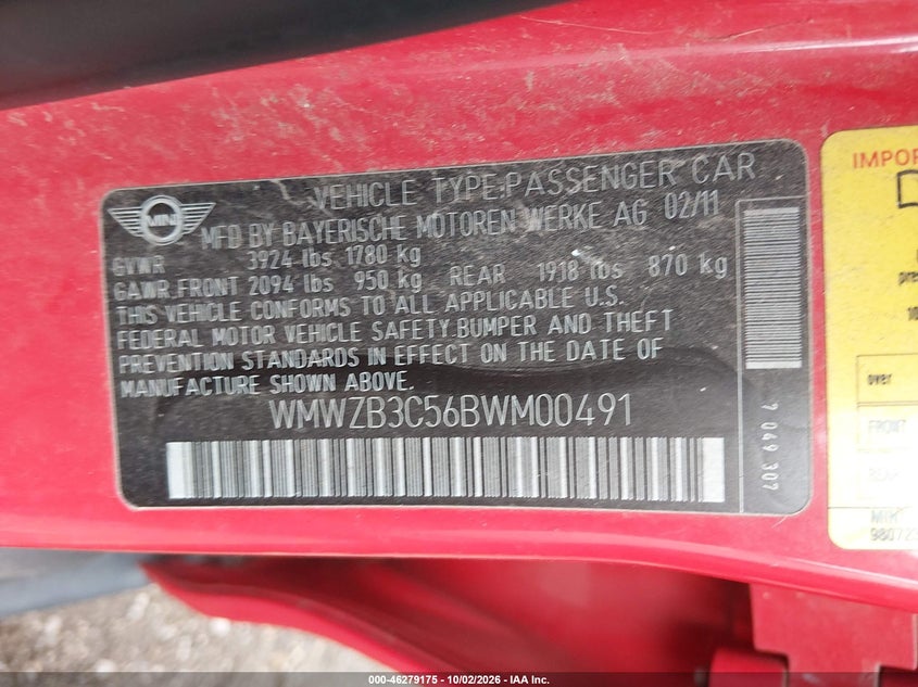 MINI COOPER COUNTRYMAN 2011 VIN WMWZB3C56BWM00491