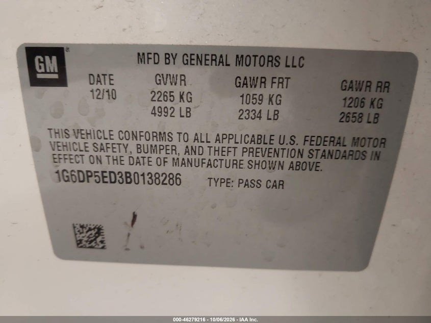 CADILLAC CTS 2011 VIN 1G6DP5ED3B0138286