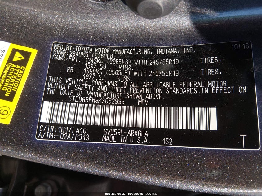 TOYOTA HIGHLANDER HYBRID 2019 VIN 5TDDGRFH8KS053995