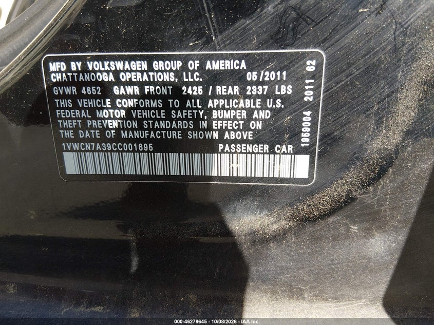 VOLKSWAGEN PASSAT 2012 VIN 1VWCN7A39CC001695
