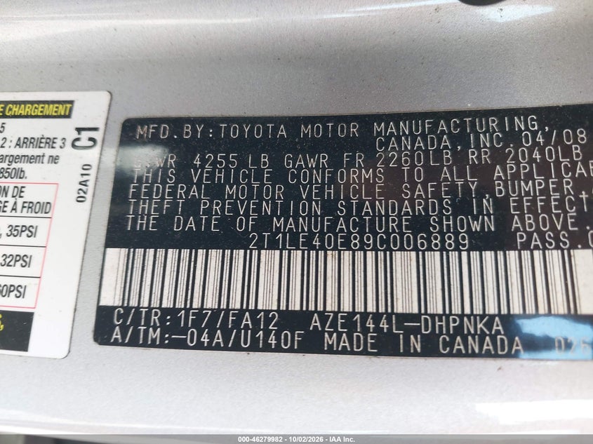 TOYOTA MATRIX 2009 VIN 2T1LE40E89C006889