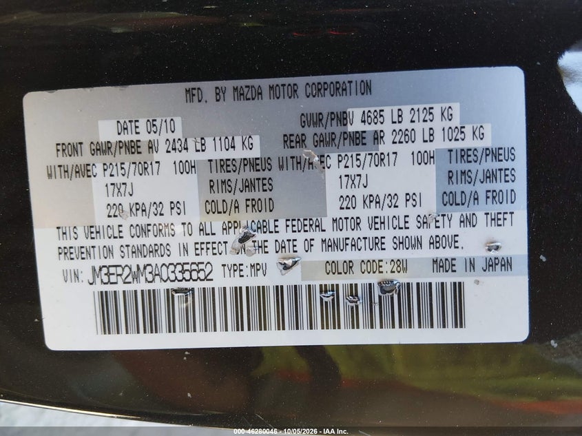 MAZDA CX-7 2010 VIN JM3ER2WM3A0335652