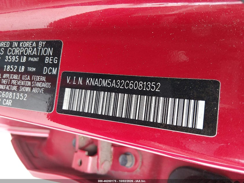 KIA RIO5 2012 VIN KNADM5A32C6081352