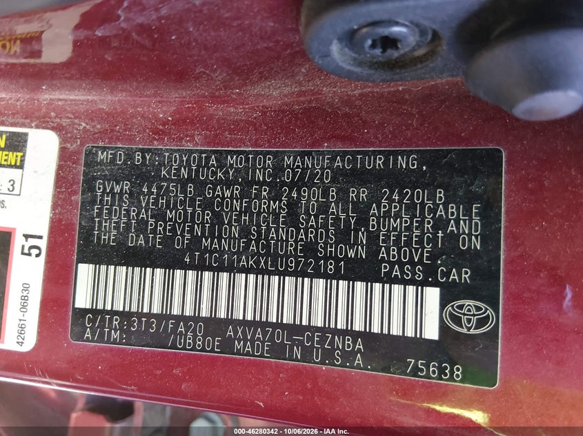 TOYOTA CAMRY 2020 VIN 4T1C11AKXLU972181