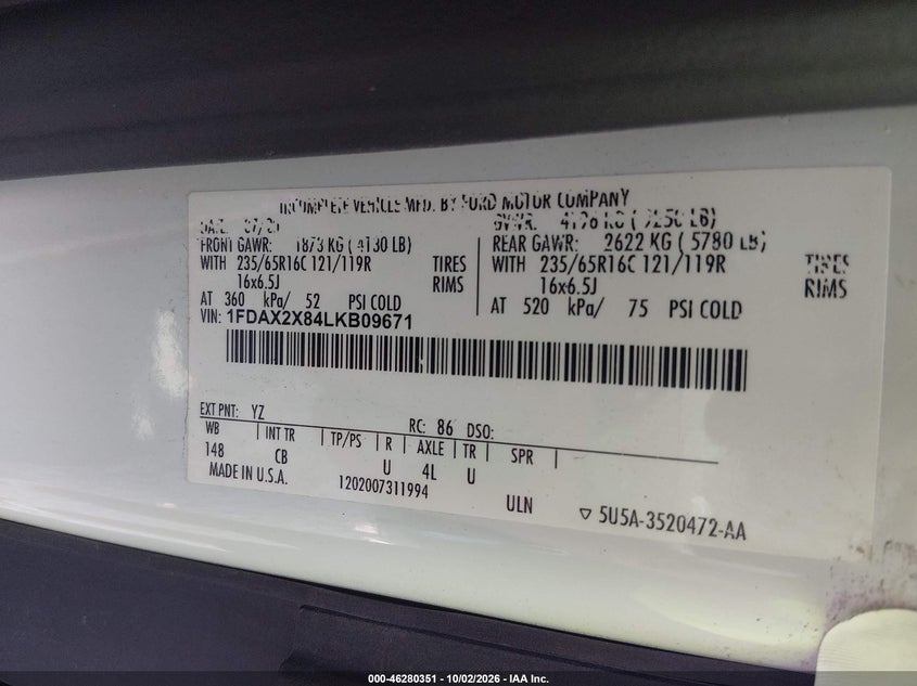 FORD TRANSIT-350 PASSENGER VAN 2020 VIN 1FDAX2X84LKB09671