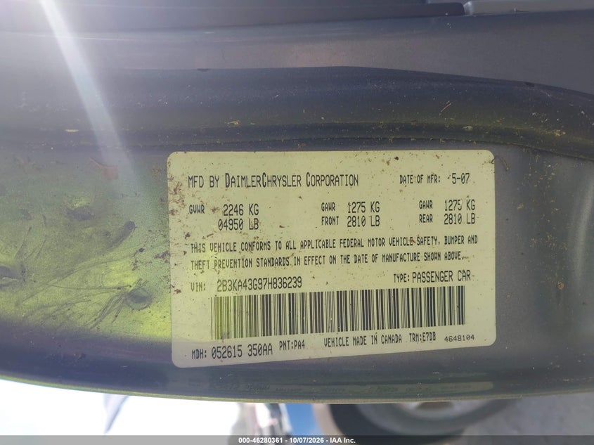 DODGE CHARGER 2007 VIN 2B3KA43G97H836239