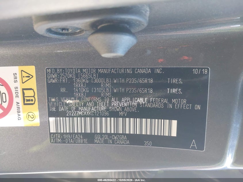 LEXUS RX 350 2019 VIN 2T2ZZMCAXKC121096