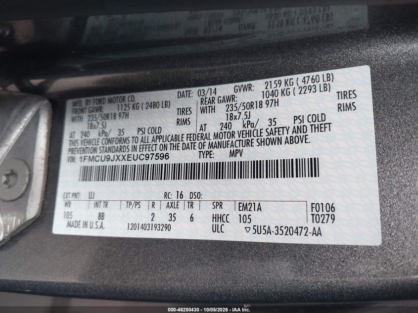 FORD ESCAPE 2014 VIN 1FMCU9JXXEUC97596