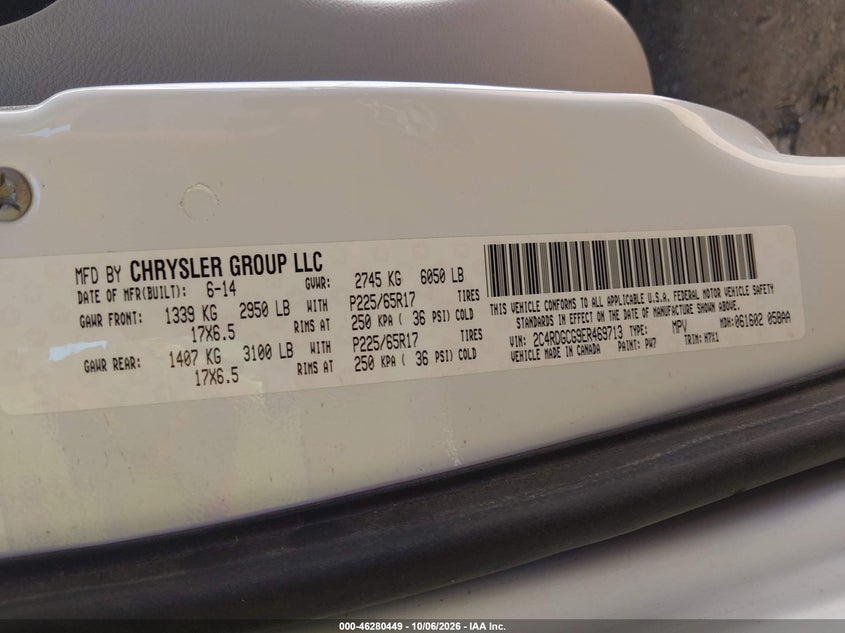DODGE GRAND CARAVAN 2014 VIN 2C4RDGCG9ER469713