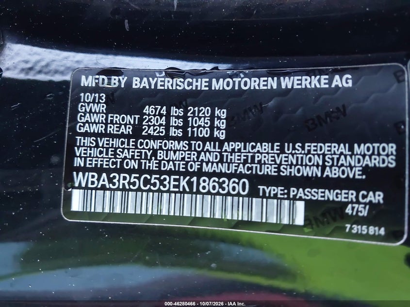 BMW 435I 2014 VIN WBA3R5C53EK186360