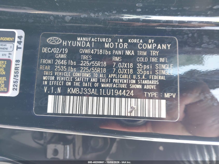 HYUNDAI TUCSON 2020 VIN KM8J33AL1LU194424