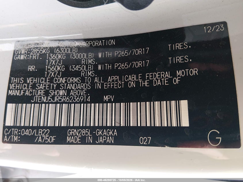 TOYOTA 4RUNNER 2024 VIN JTENU5JR5R6236914