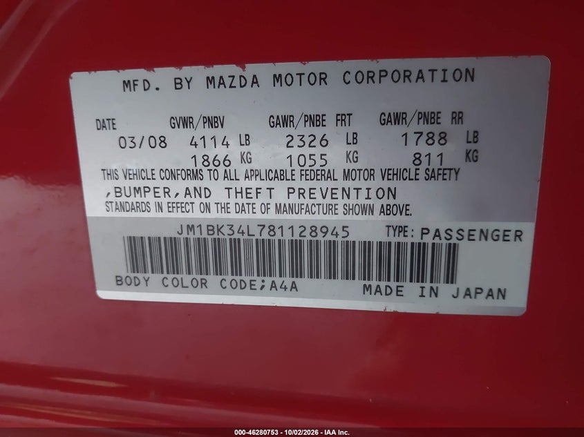 MAZDA MAZDASPEED3 2008 VIN JM1BK34L781128945