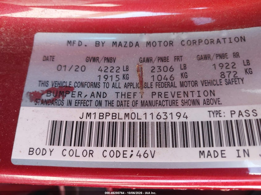 MAZDA MAZDA3 2020 VIN JM1BPBLM0L1163194