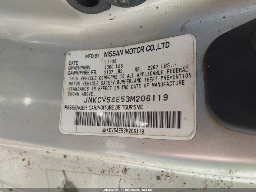 INFINITI G35 2003 VIN JNKCV54E53M206119
