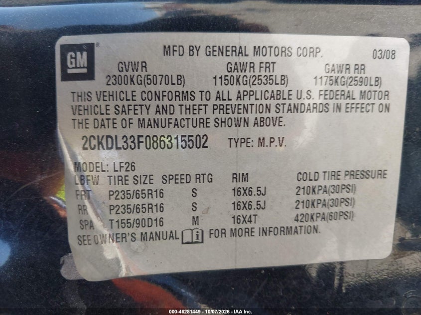 PONTIAC TORRENT 2008 VIN 2CKDL33F086315502
