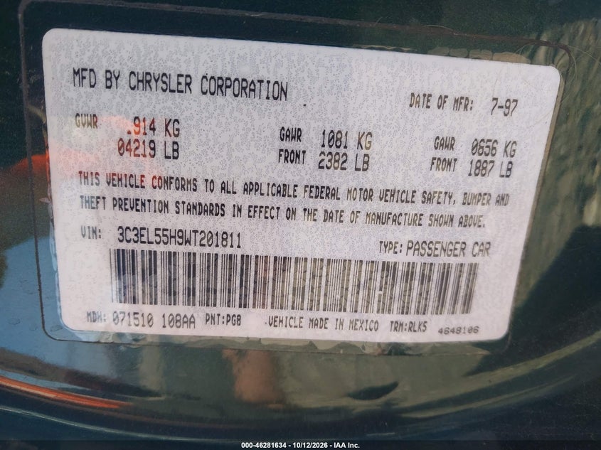 CHRYSLER SEBRING 1998 VIN 3C3EL55H9WT201811