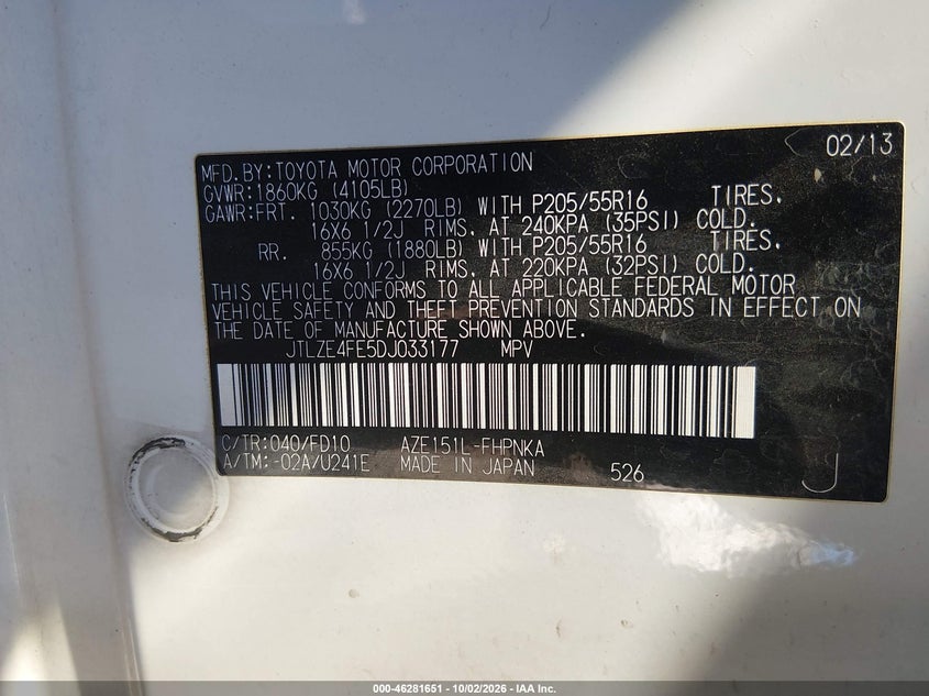 SCION XB 2013 VIN JTLZE4FE5DJ033177