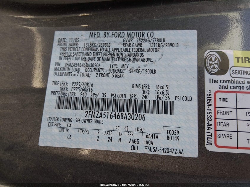 FORD FREESTAR 2006 VIN 2FMZA51646BA30206