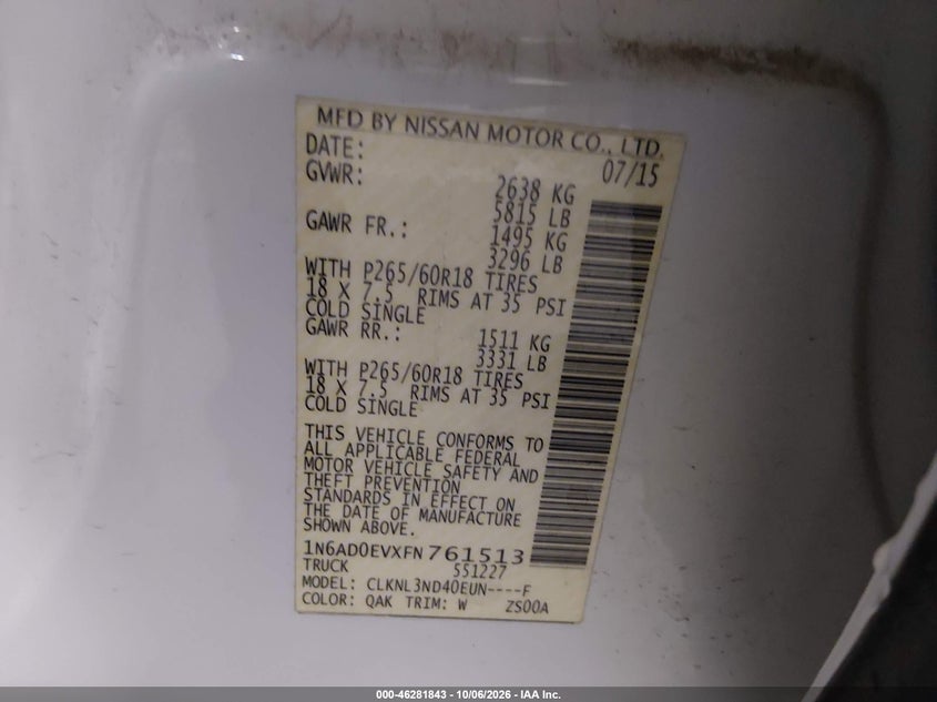NISSAN FRONTIER 2015 VIN 1N6AD0EVXFN761513