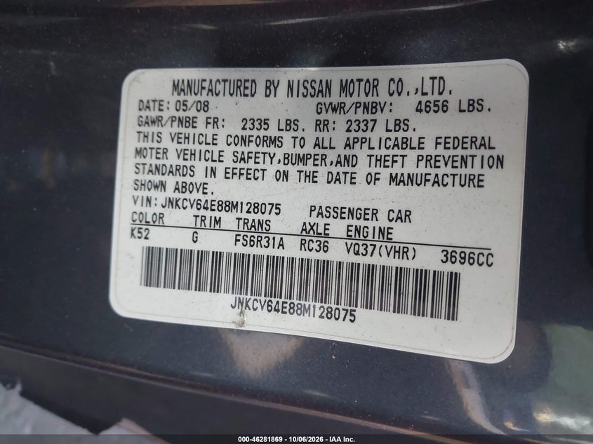 INFINITI G37 2008 VIN JNKCV64E88M128075