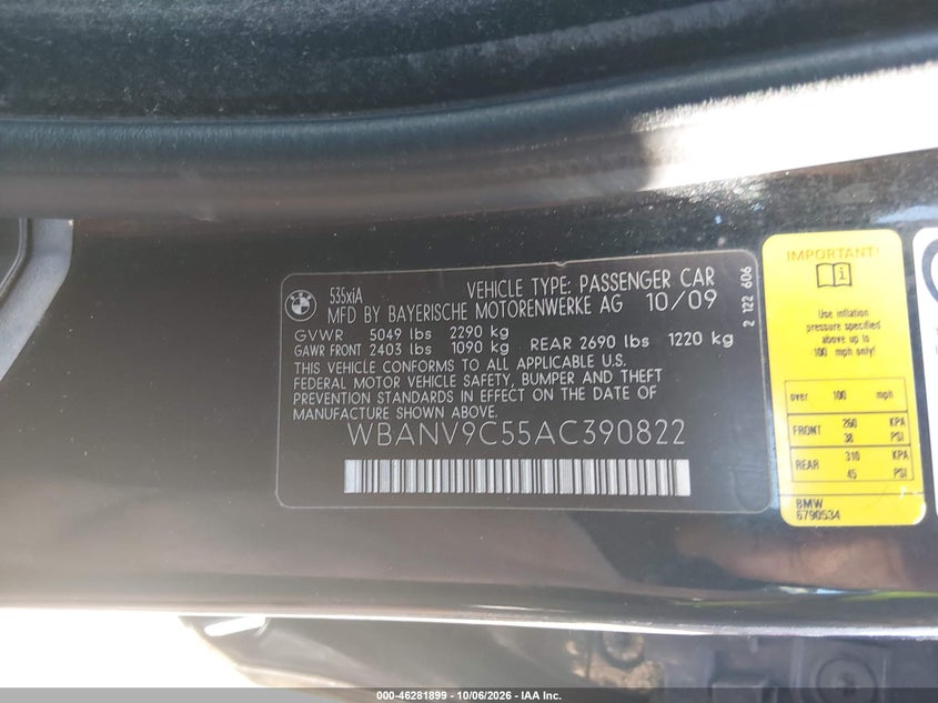 BMW 535I 2010 VIN WBANV9C55AC390822