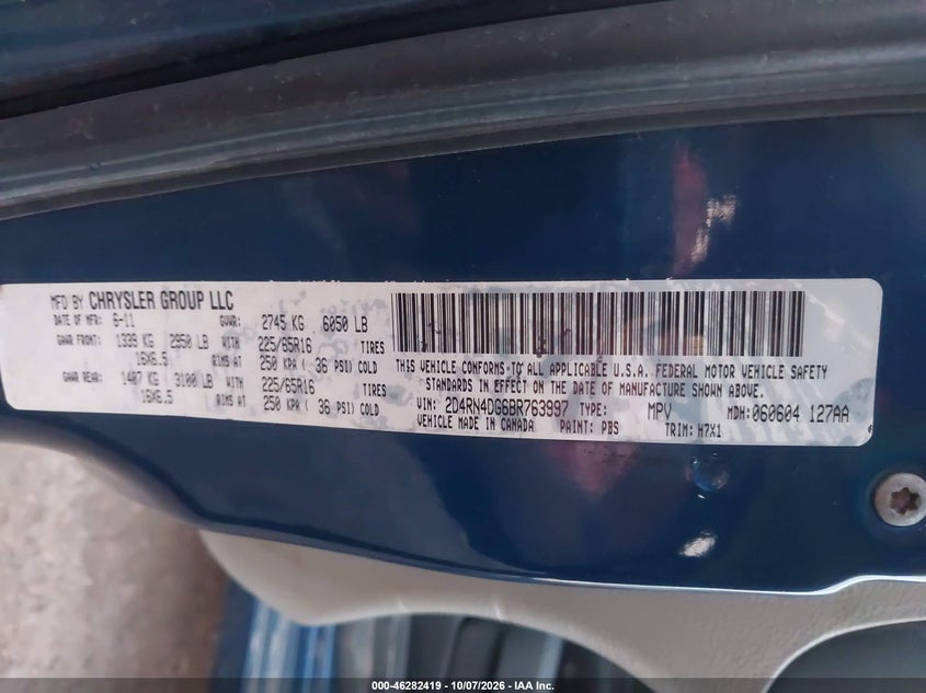 DODGE GRAND CARAVAN 2011 VIN 2D4RN4DG6BR763997