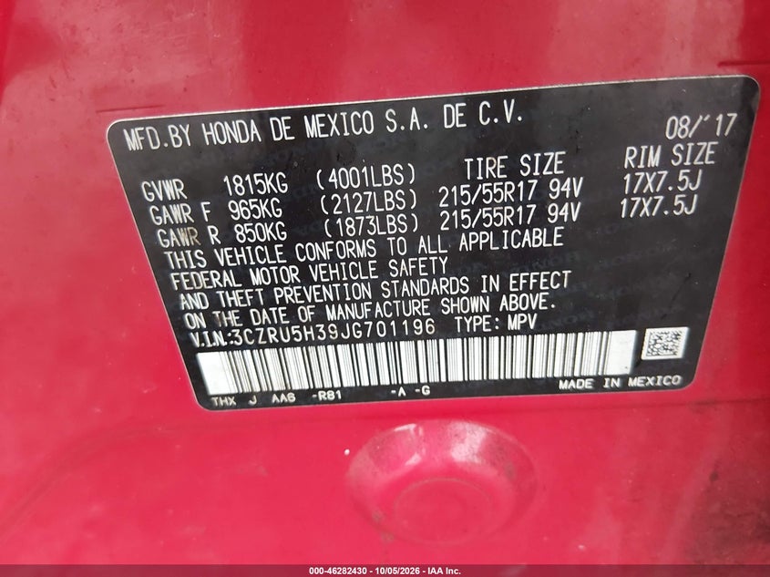 HONDA HR-V 2018 VIN 3CZRU5H39JG701196