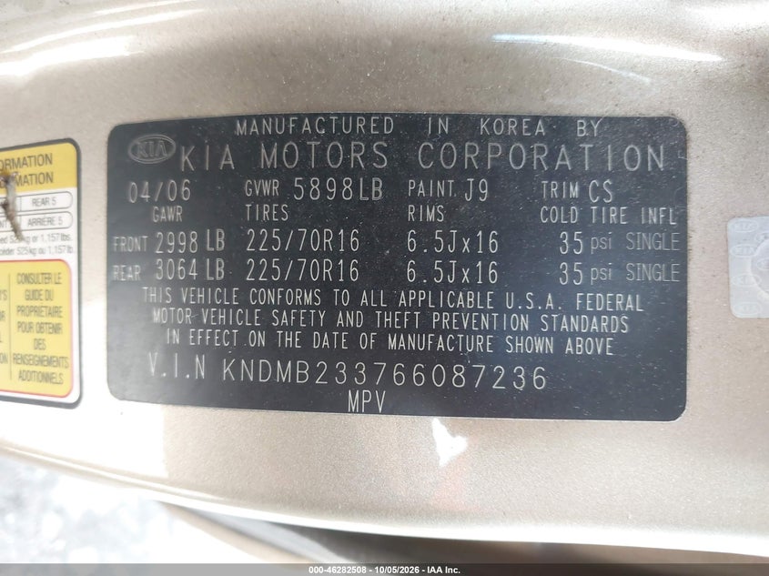 KIA SEDONA 2006 VIN KNDMB233766087236