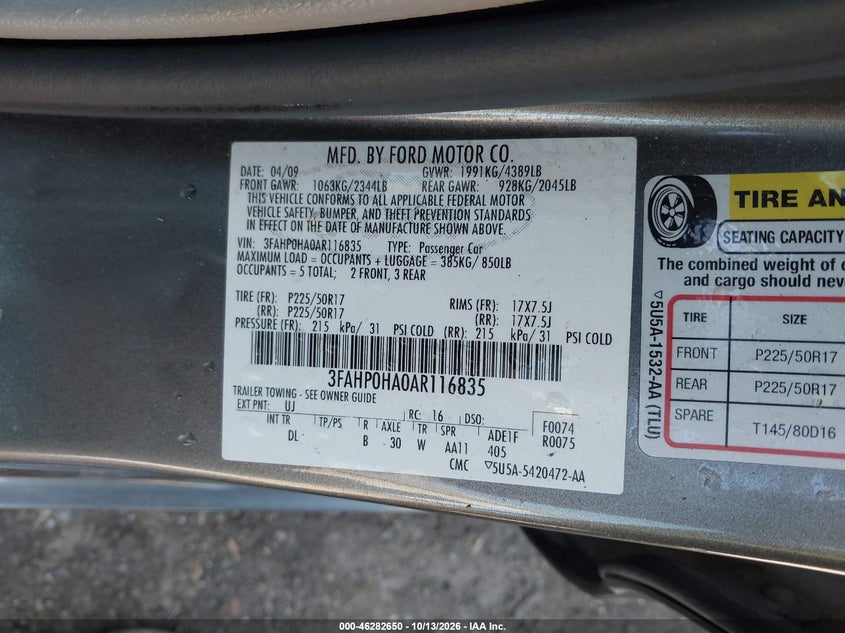 FORD FUSION 2010 VIN 3FAHP0HA0AR116835