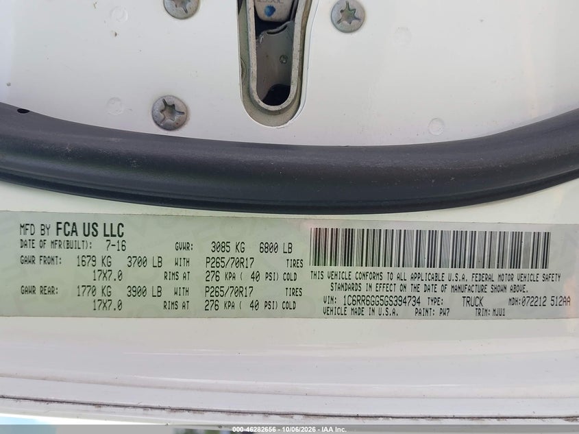 RAM 1500 2016 VIN 1C6RR6GG5GS394734