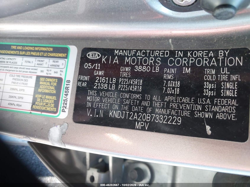 KIA SOUL 2011 VIN KNDJT2A20B7332229